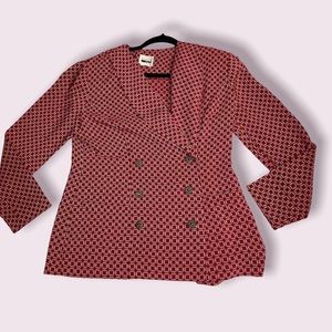 Red and cream blouse with gold buttons